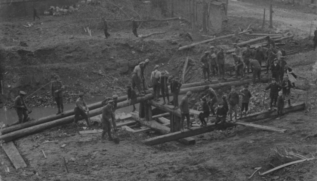 233_Canadian Engineers building a bridge across a mine. October, 1918.
